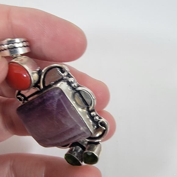 Handmade Silver Pendant with Banded Amethyst Jasper and Green Quartz Trio - Picture 9 of 10